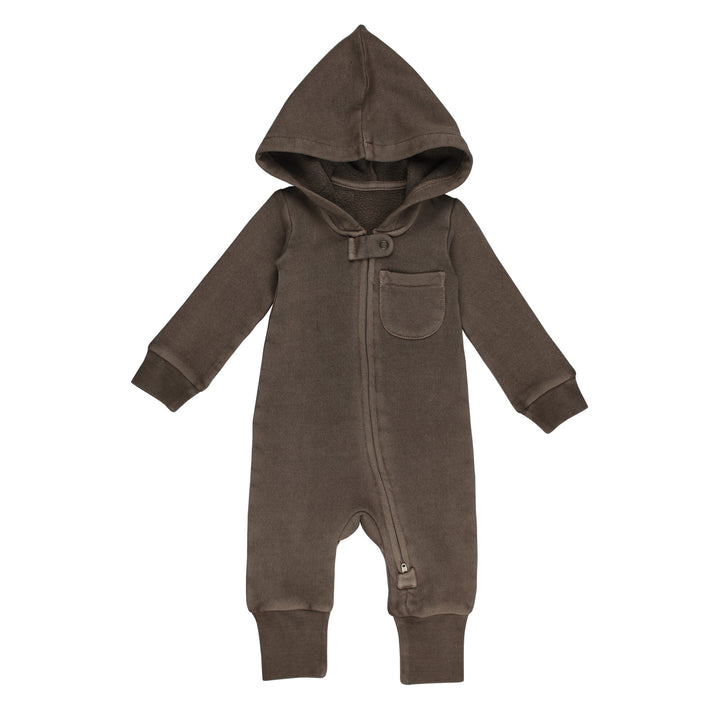 Organic Cozy Zipper Romper in Bark, a brown color.