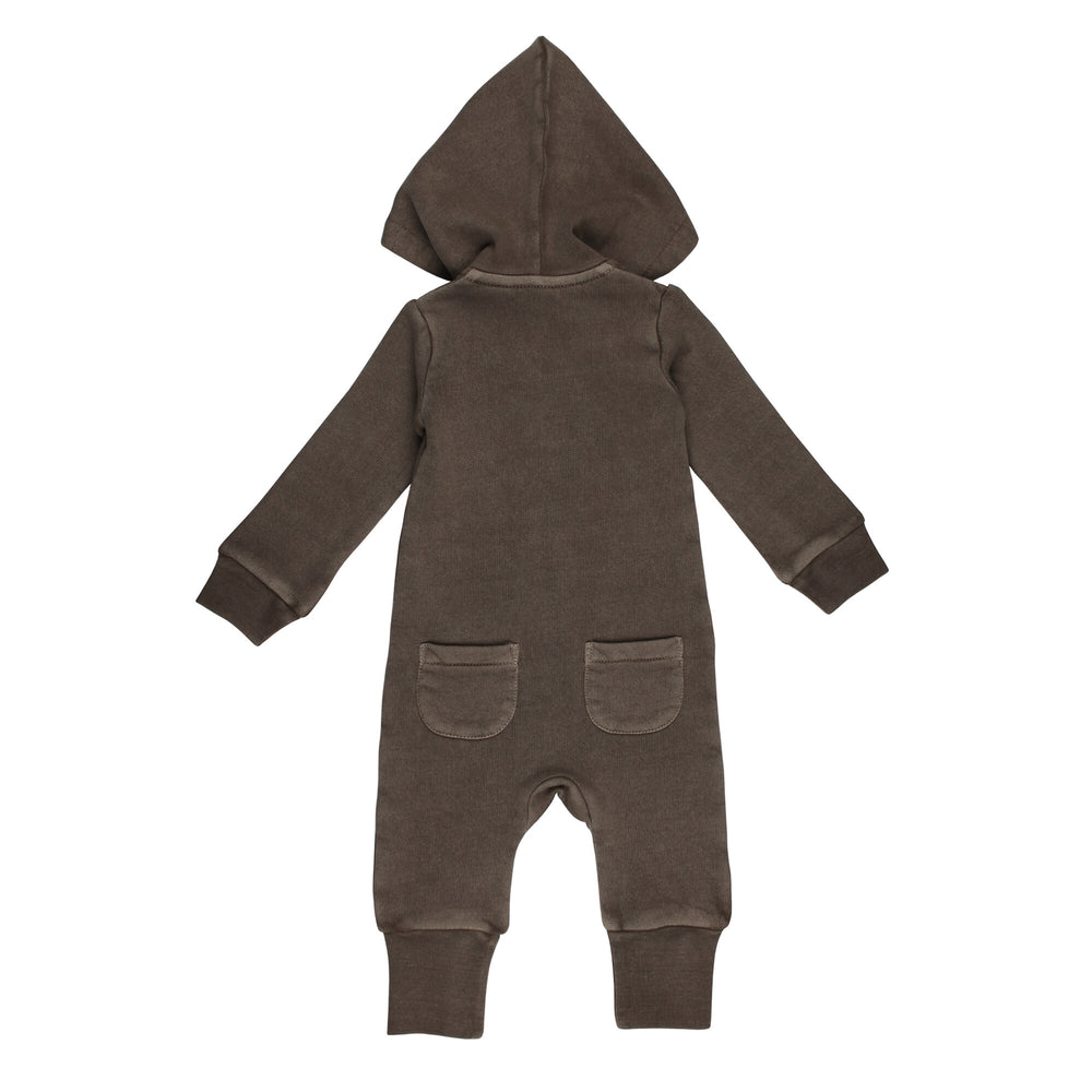 Back view of Organic Cozy Zipper Romper in Bark, a brown color.