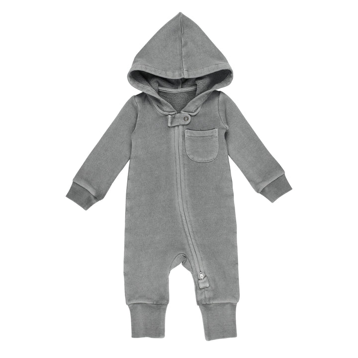 Organic Cozy Zipper Romper in Mist, a medium gray color.