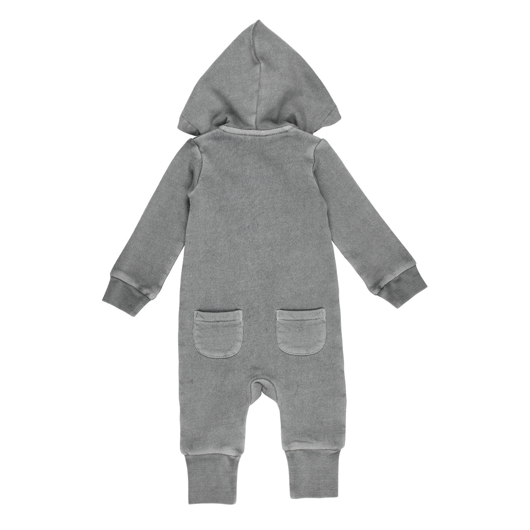 Back view of Organic Cozy Zipper Romper in Mist, a medium gray color.