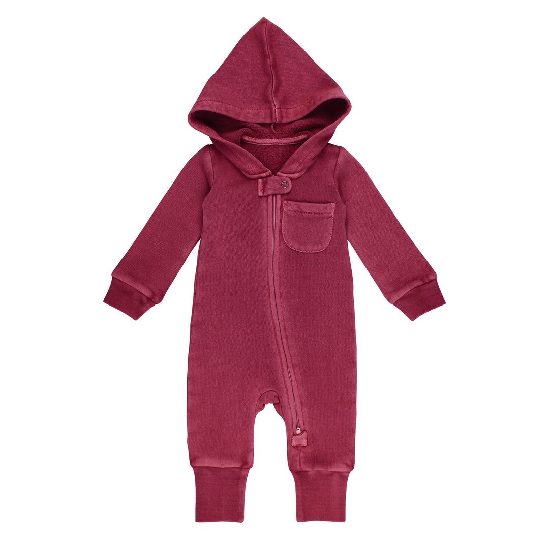 Organic Cozy Zipper Romper in Sugarplum, a dark red purplish color.