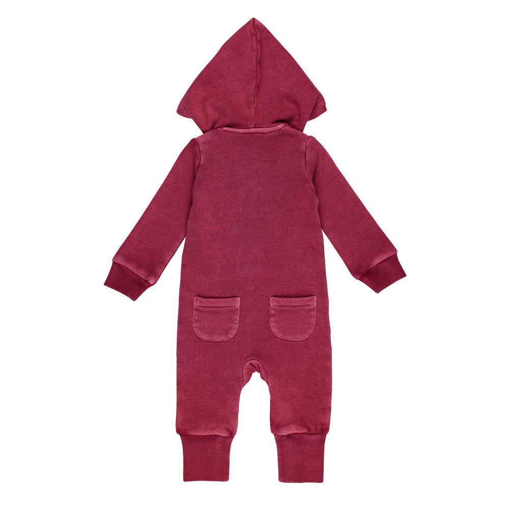 Back view of Organic Cozy Zipper Romper in Sugarplum, a dark red purplish color.