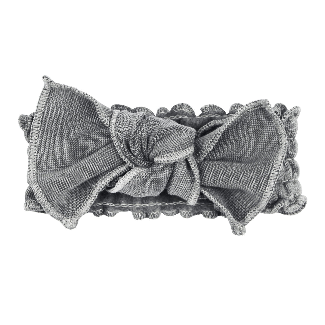 Organic Cozy Smocked Headband in Mist, a medium gray color.