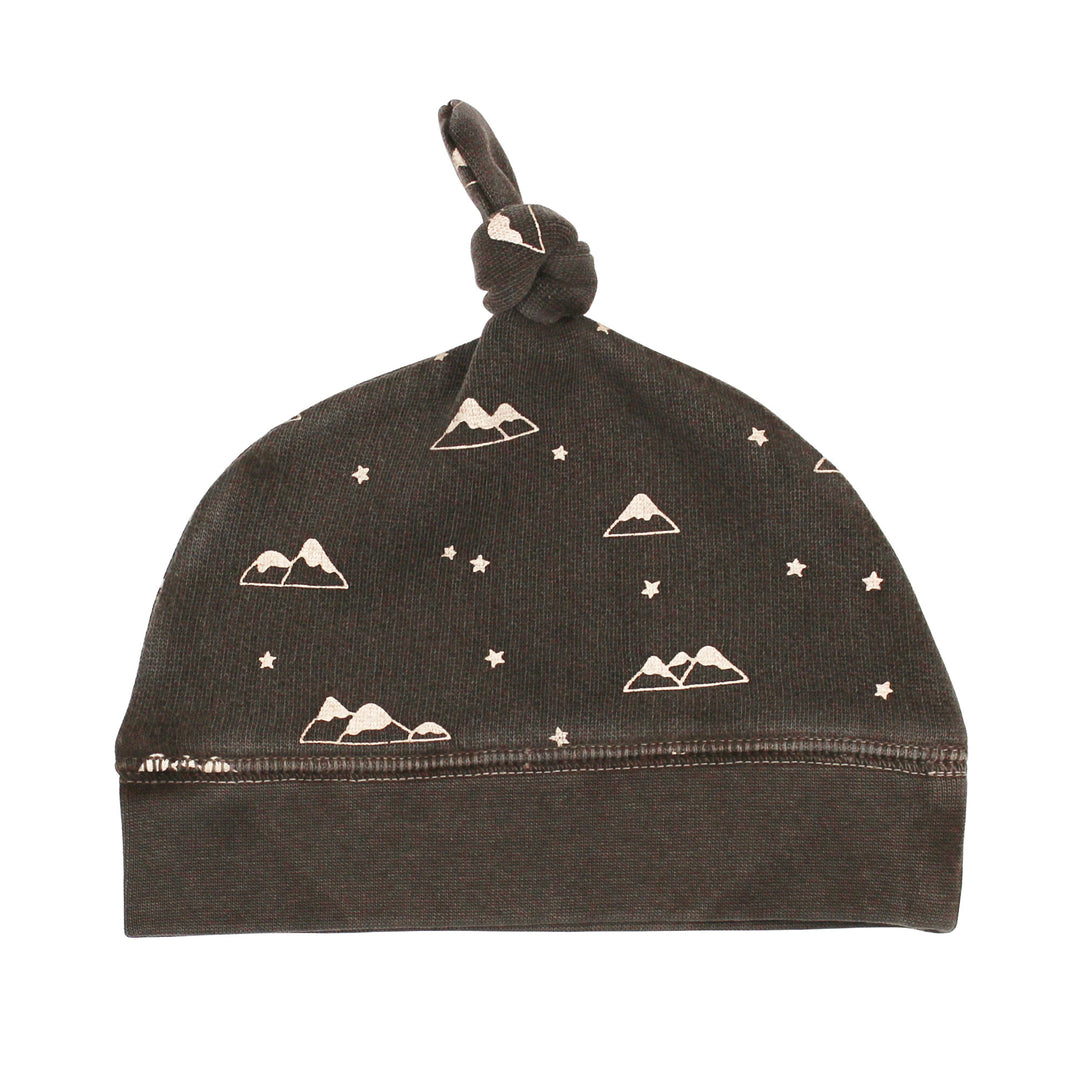 Organic Cozy Top-Knot Hat in Bark Mountains.