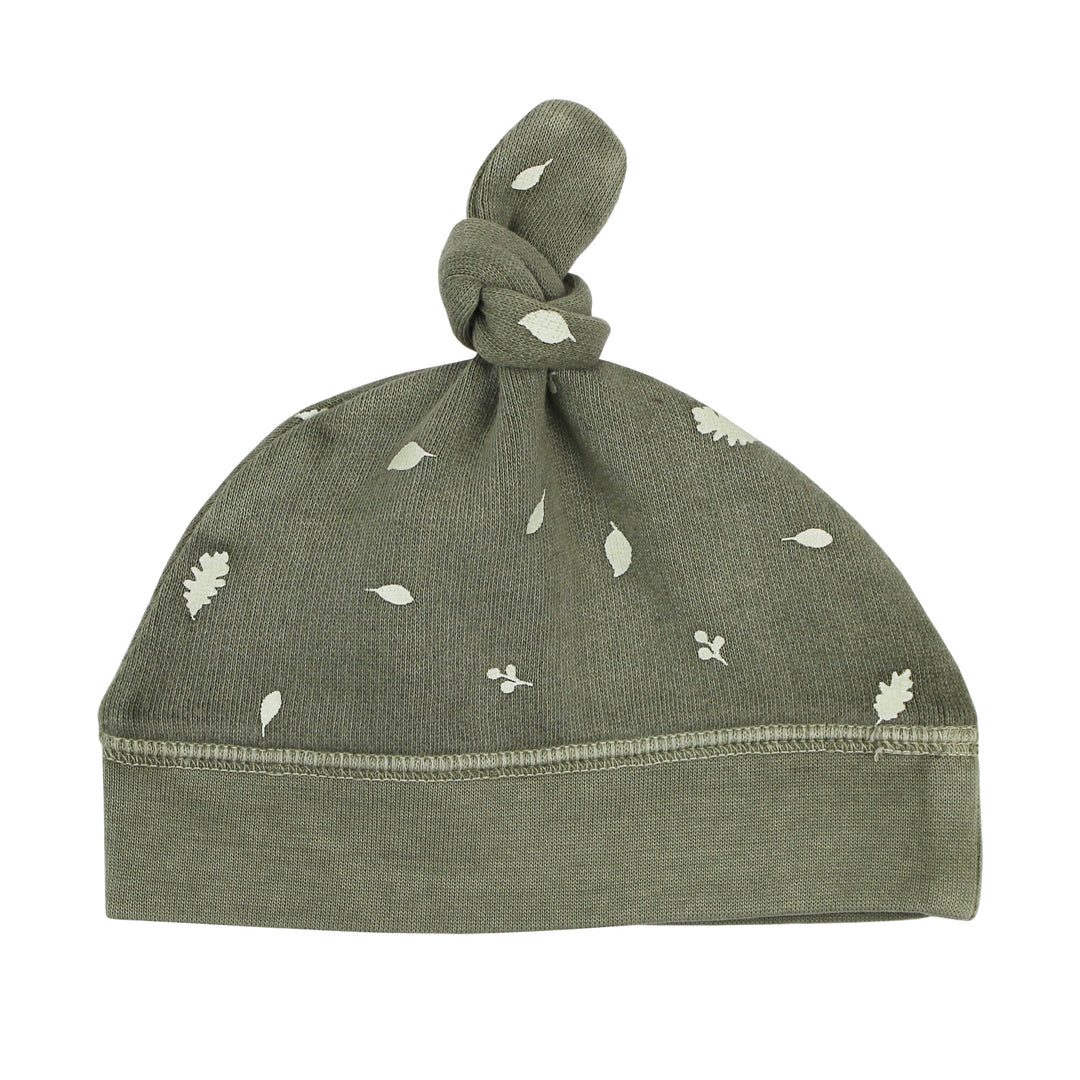 Organic Cozy Top-Knot Hat in Hunter Leaves.