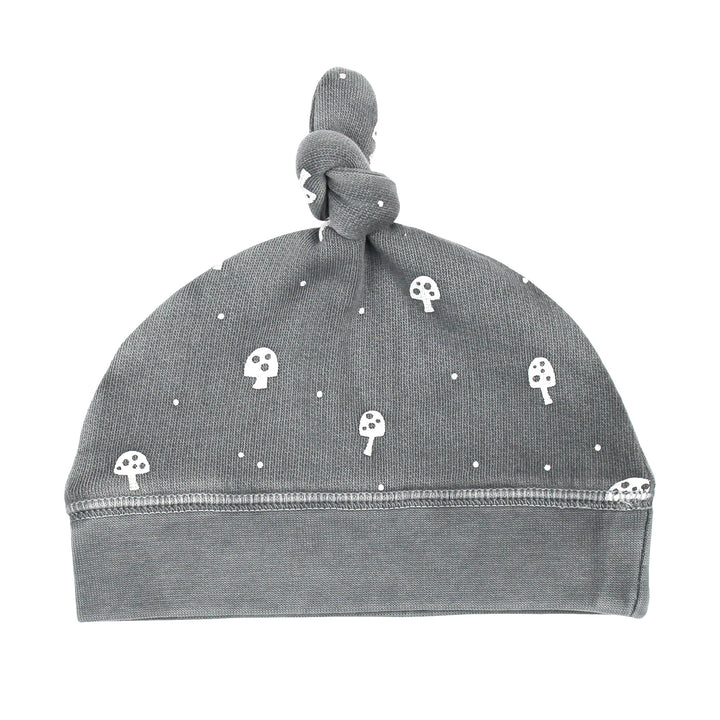 Organic Cozy Top-Knot Hat in Mist Mushrooms.