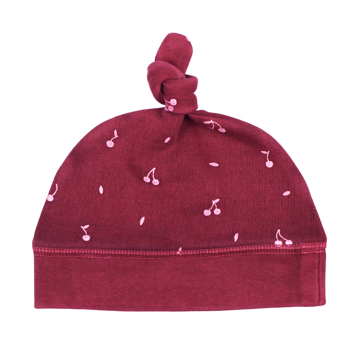 Organic Cozy Top-Knot Hat in Sugarplum Cherries.