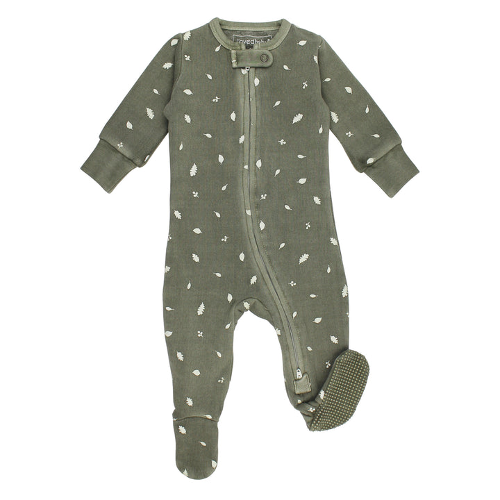 Organic Cozy 2-Way Zipper Footie in Hunter Leaves.