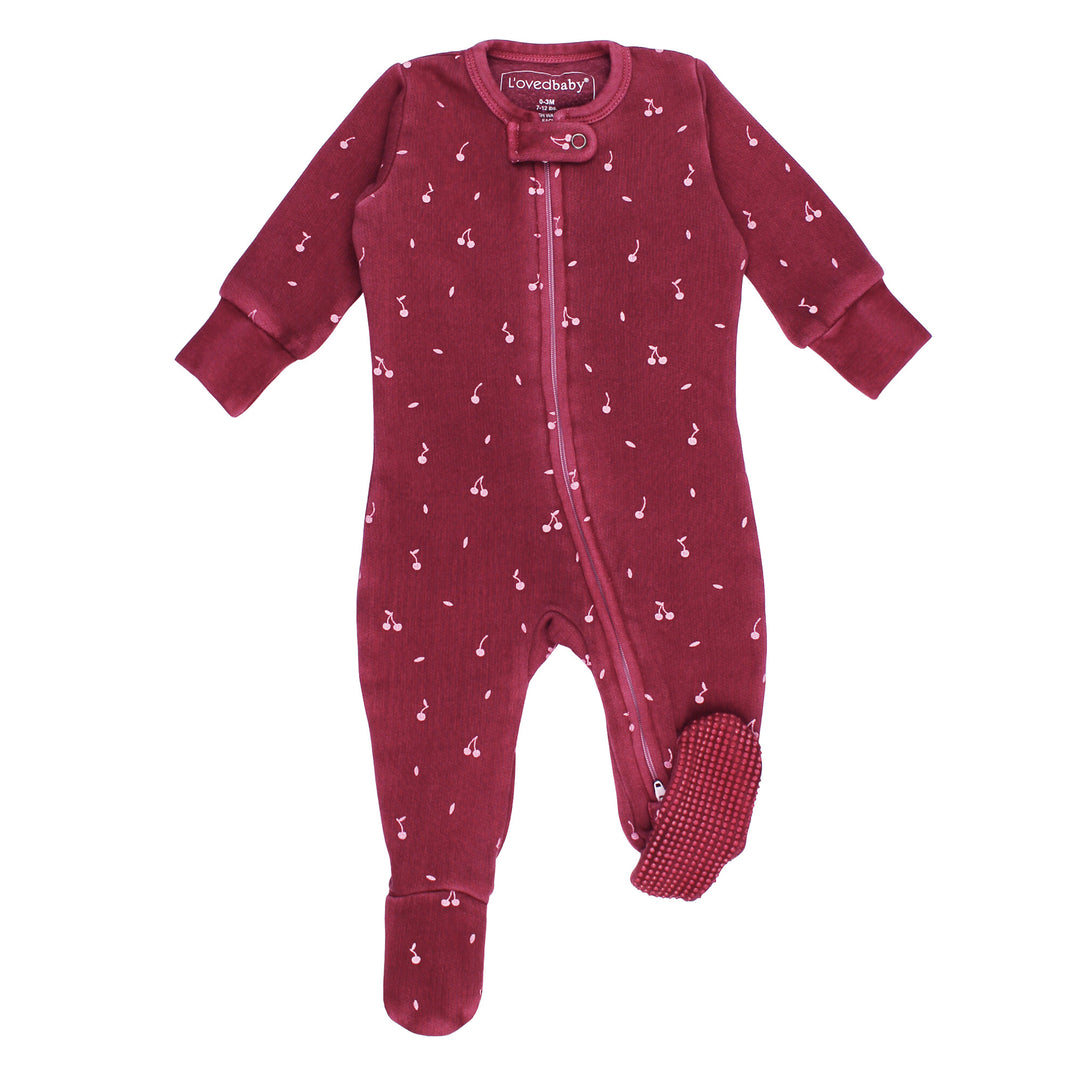 Organic Cozy 2-Way Zipper Footie in Sugarplum Cherries.