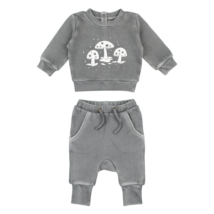 Organic Cozy Graphic Sweatshirt & Jogger Set in Mist Mushrooms.