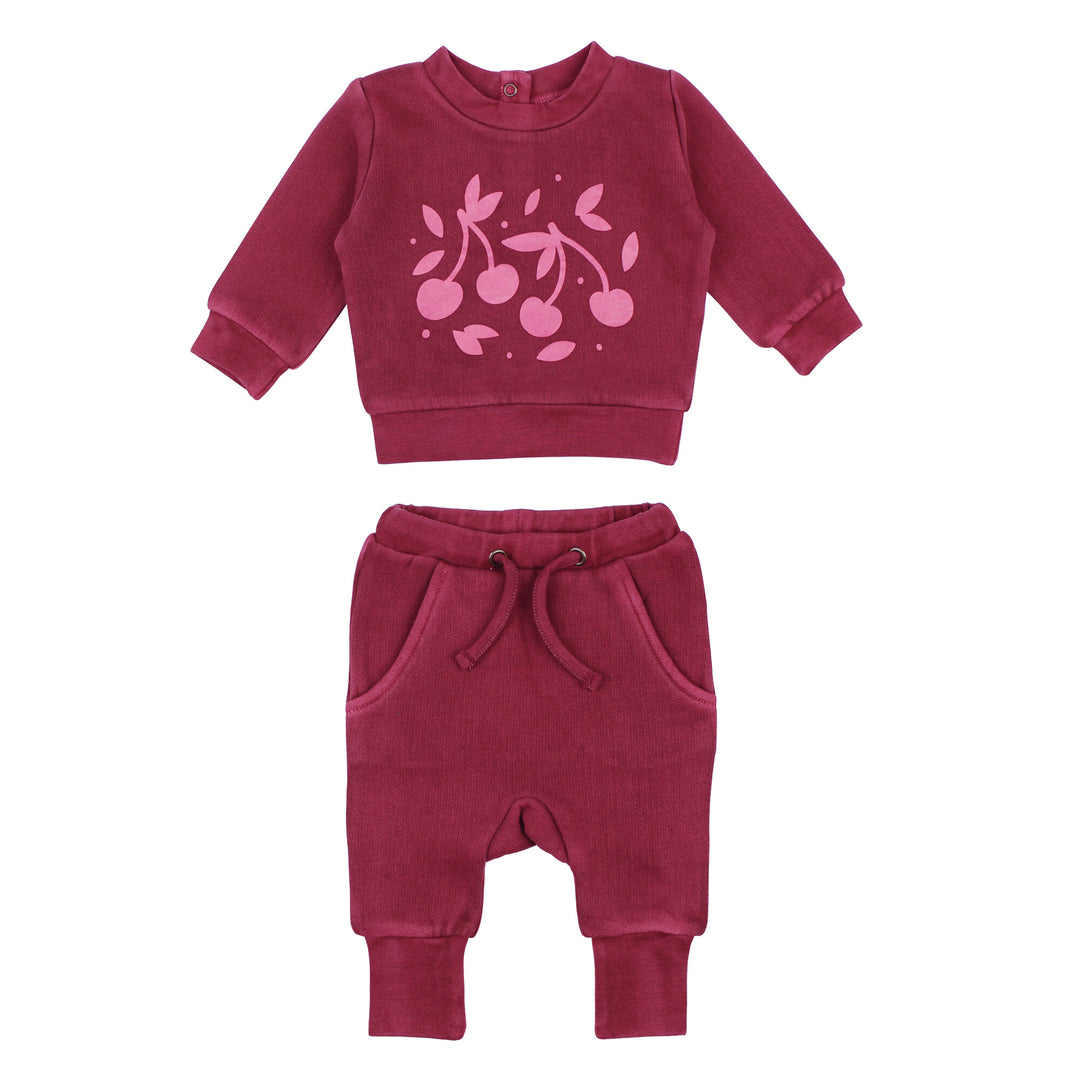 Organic Cozy Graphic Sweatshirt & Jogger Set in Sugarplum Cherries.