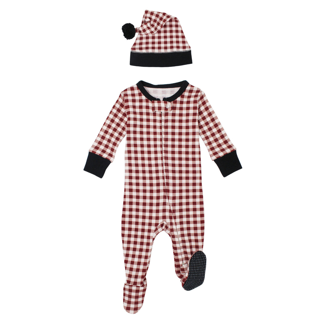 Holiday 2-Way Zipper Footie & Cap Set in Crimson Plaid.