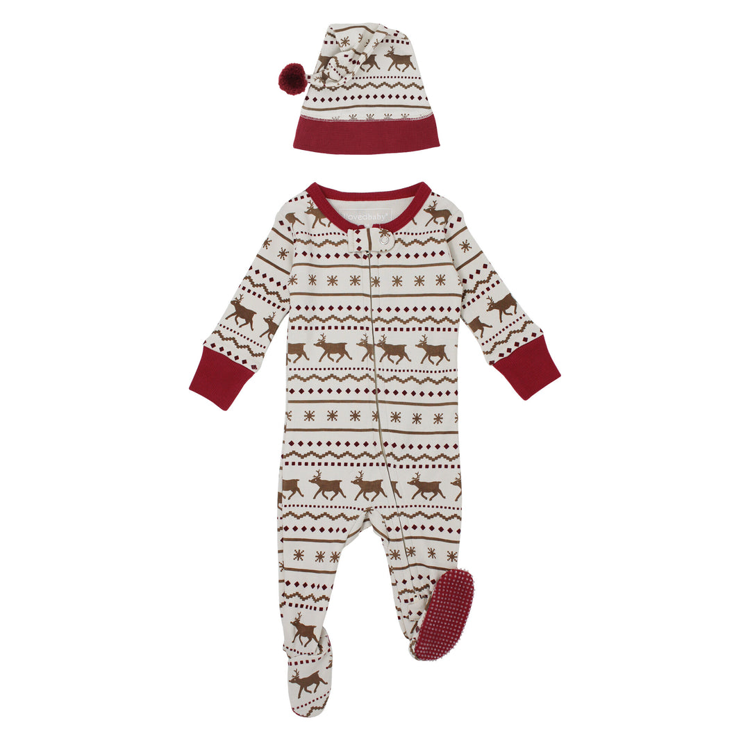 Holiday 2-Way Zipper Footie & Cap Set in Fair Isle Rudolph.