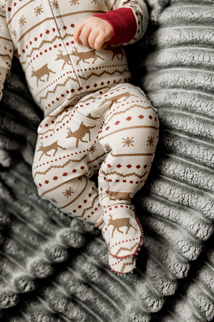 Child wearing Holiday 2-Way Zipper Footie & Cap Set in Fair Isle Rudolph.