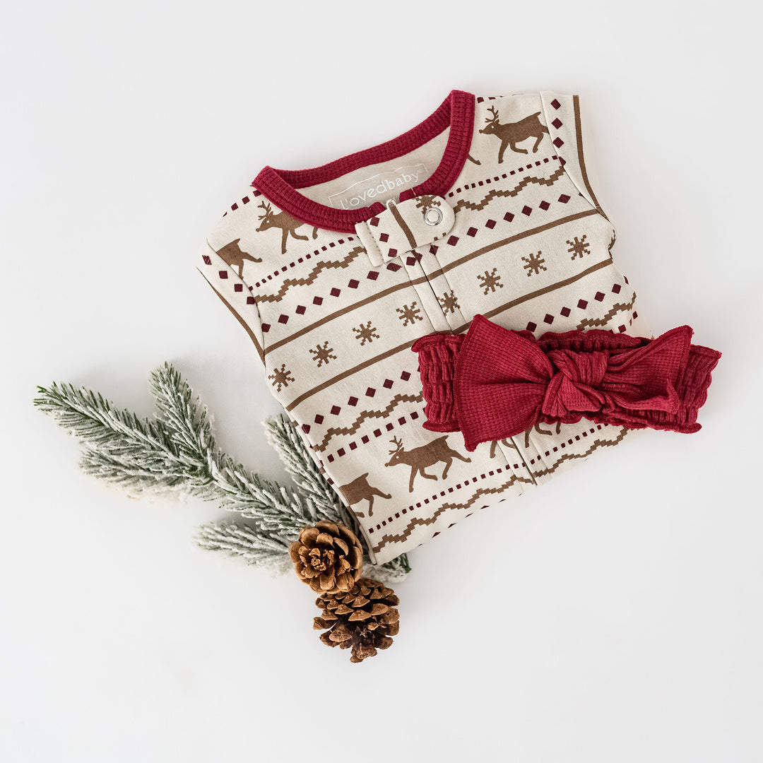 Child wearing Holiday 2-Way Zipper Footie & Cap Set in Fair Isle Rudolph.