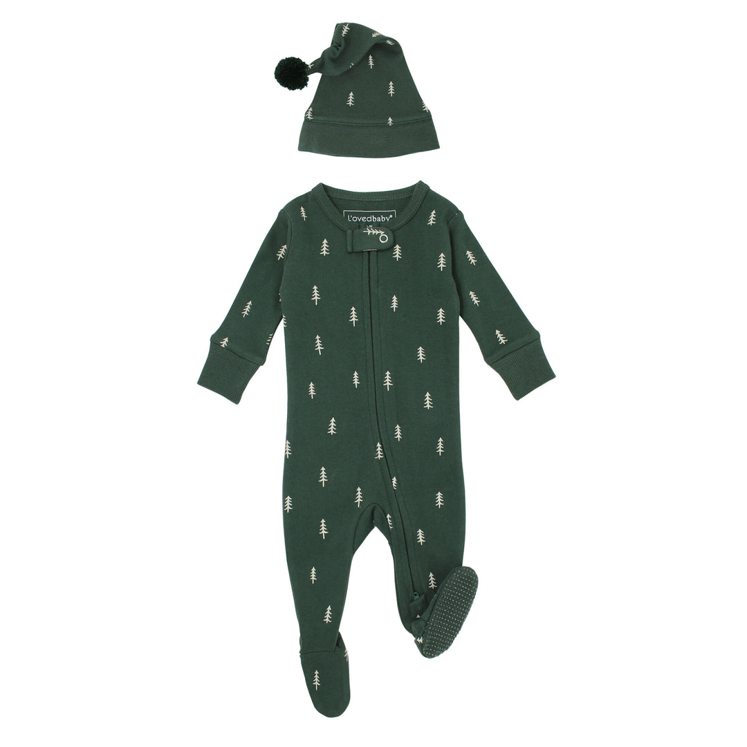 Holiday 2-Way Zipper Footie & Cap Set in Pine Trees.