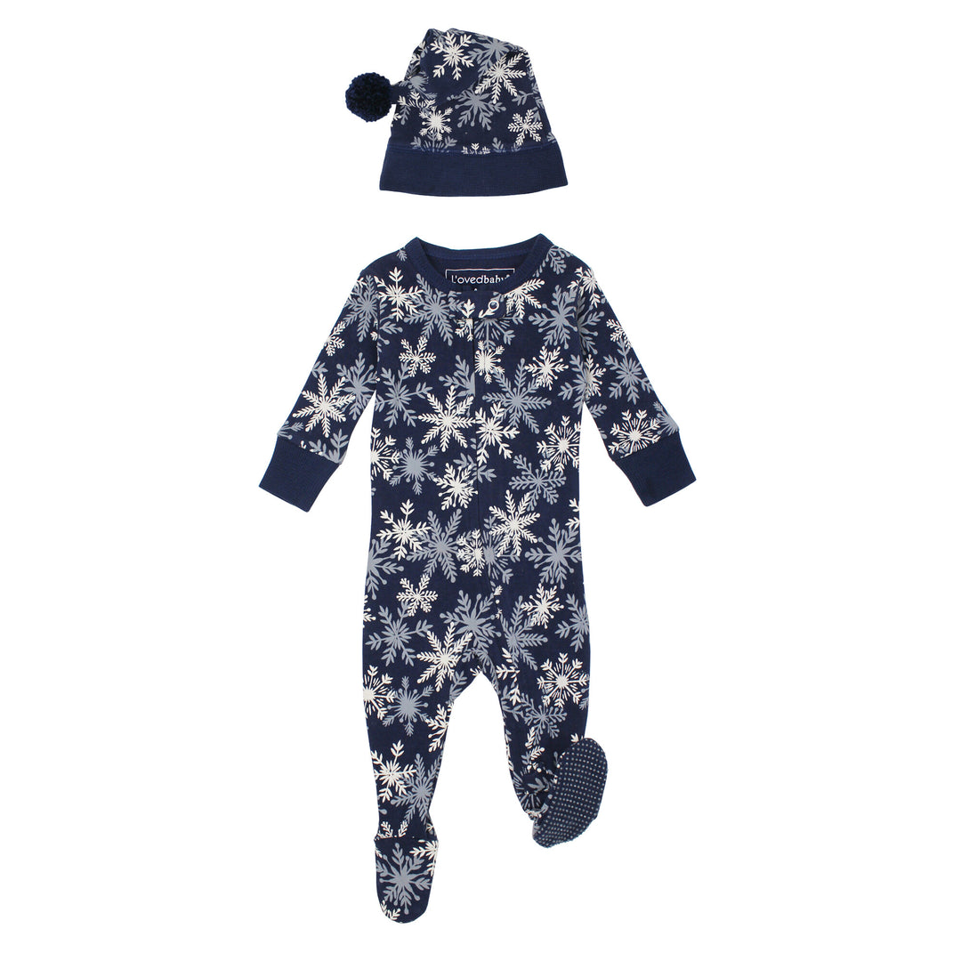 Holiday 2-Way Zipper Footie & Cap Set in Snowflakes.