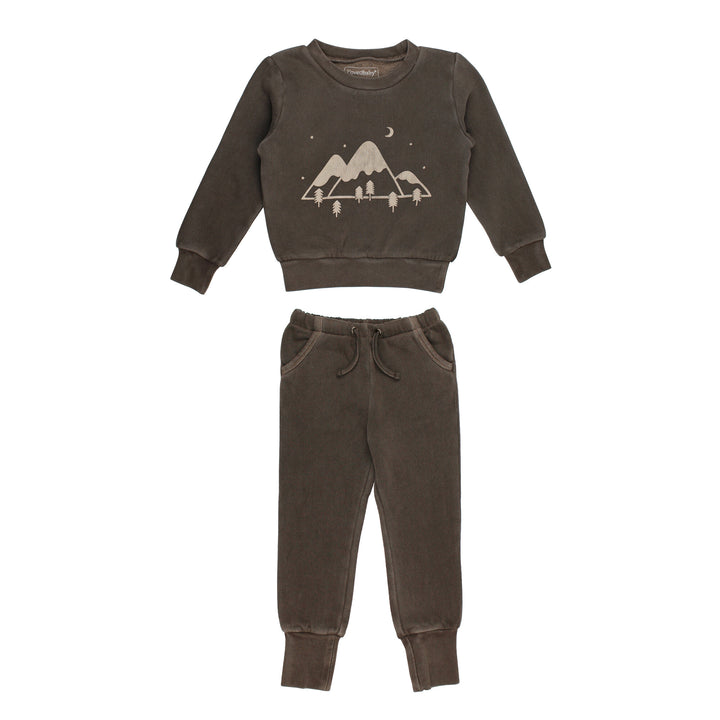 Kids' Organic Cozy Graphic Sweatshirt & Jogger Set in Bark Mountains.