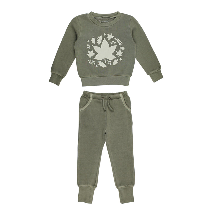 Kids' Organic Cozy Graphic Sweatshirt & Jogger Set in Hunter Leaves.