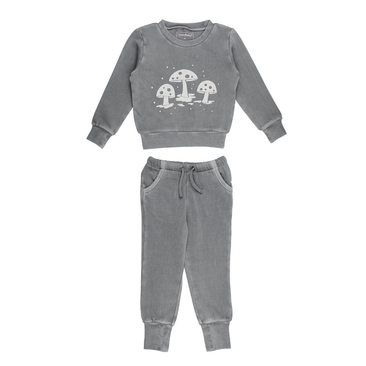 Kids' Organic Cozy Graphic Sweatshirt & Jogger Set in Mist Mushrooms.