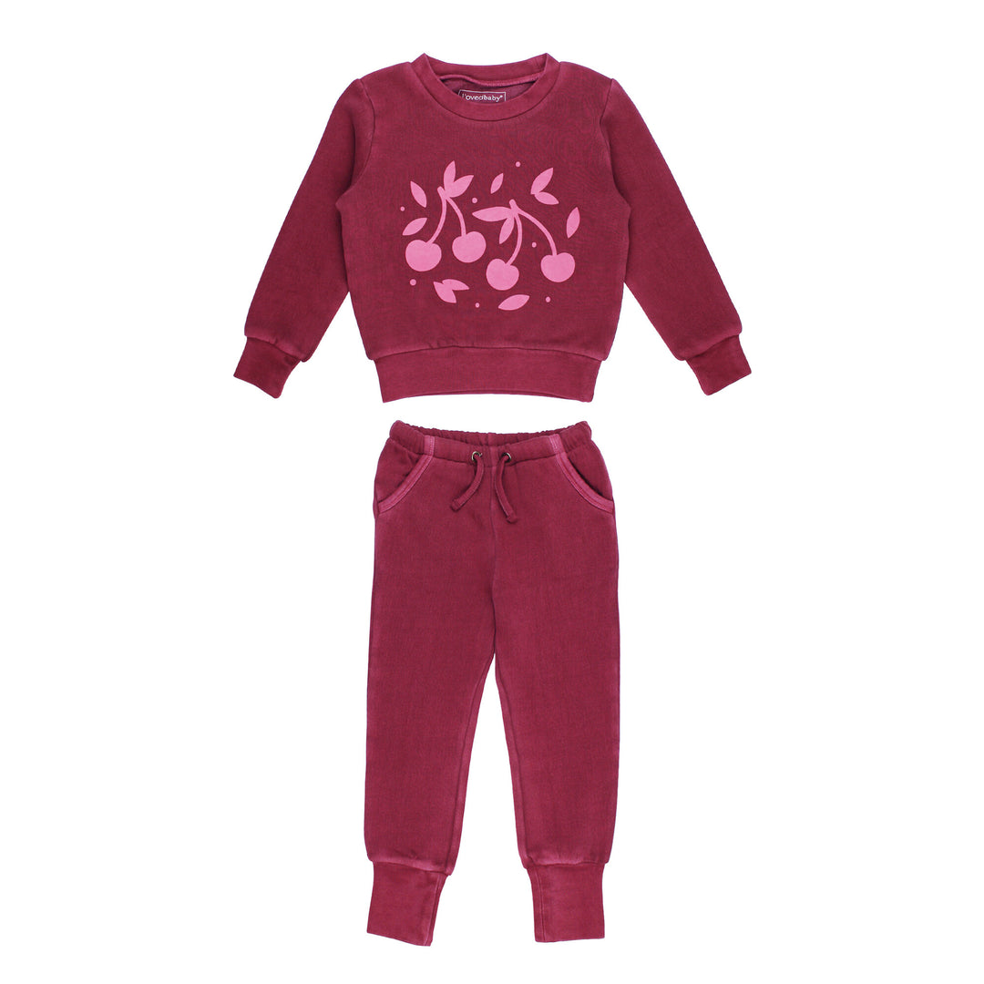 Kids' Organic Cozy Graphic Sweatshirt & Jogger Set in Sugarplum Cherries.