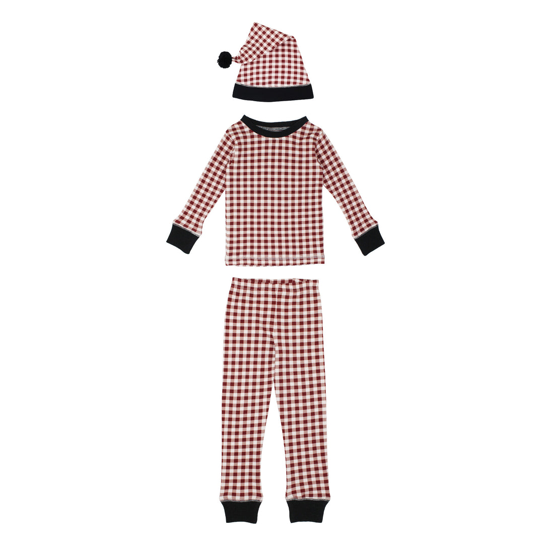 Kids' Organic Holiday PJ & Cap Set in Crimson Plaid.