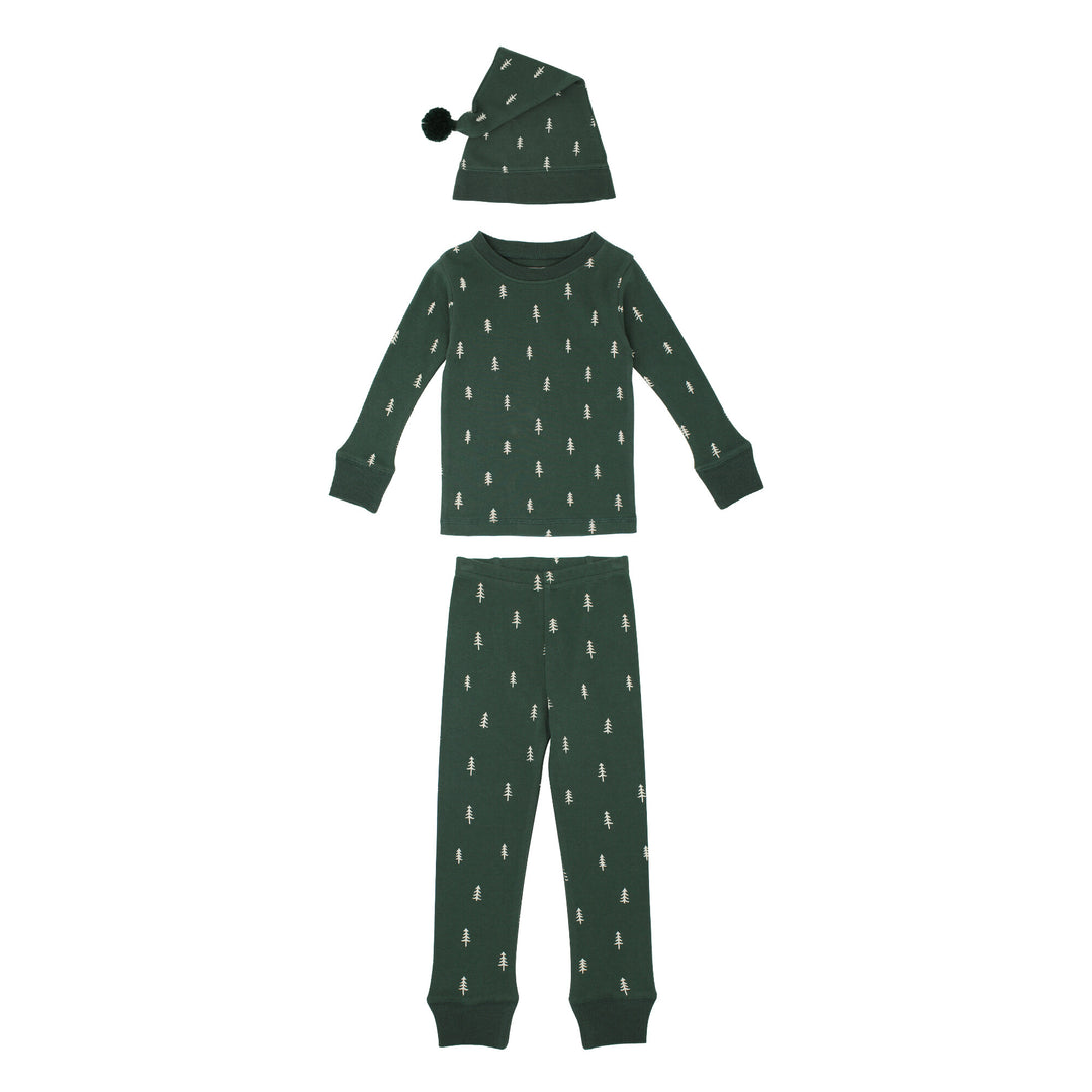 Kids' Organic Holiday PJ & Cap Set in Pine Trees.