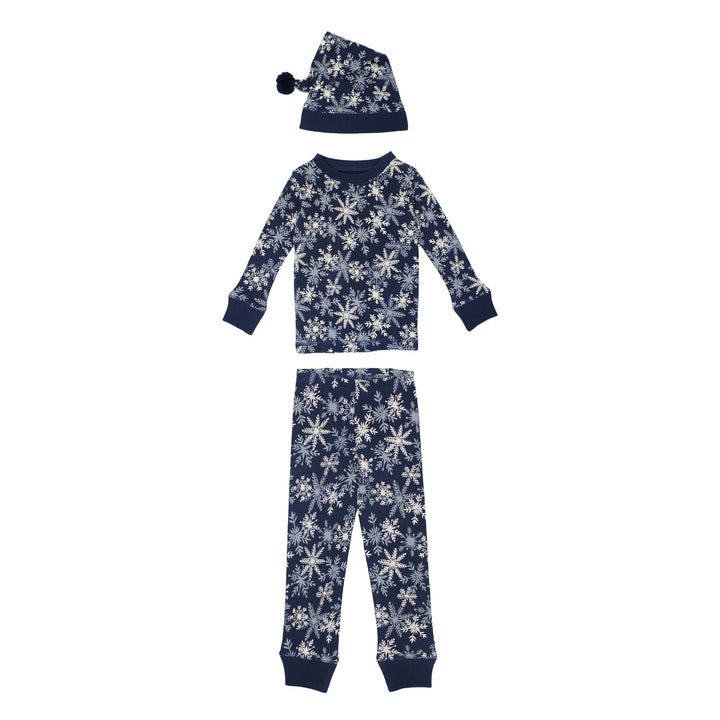 Kids' Organic Holiday PJ & Cap Set in Snowflakes.