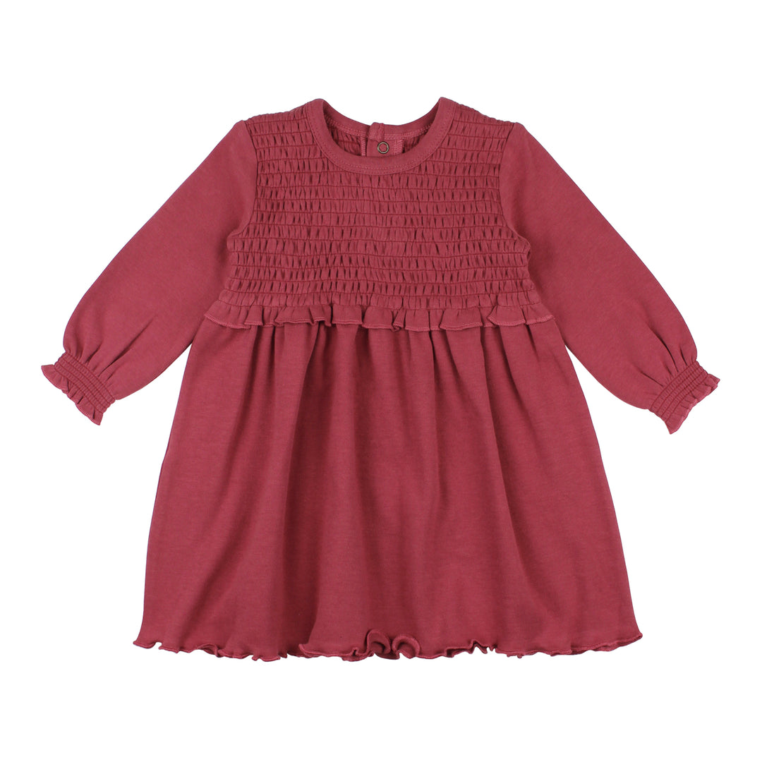 flat image of front side of smocked dress in appleberry color (muted cool red, medium tone)