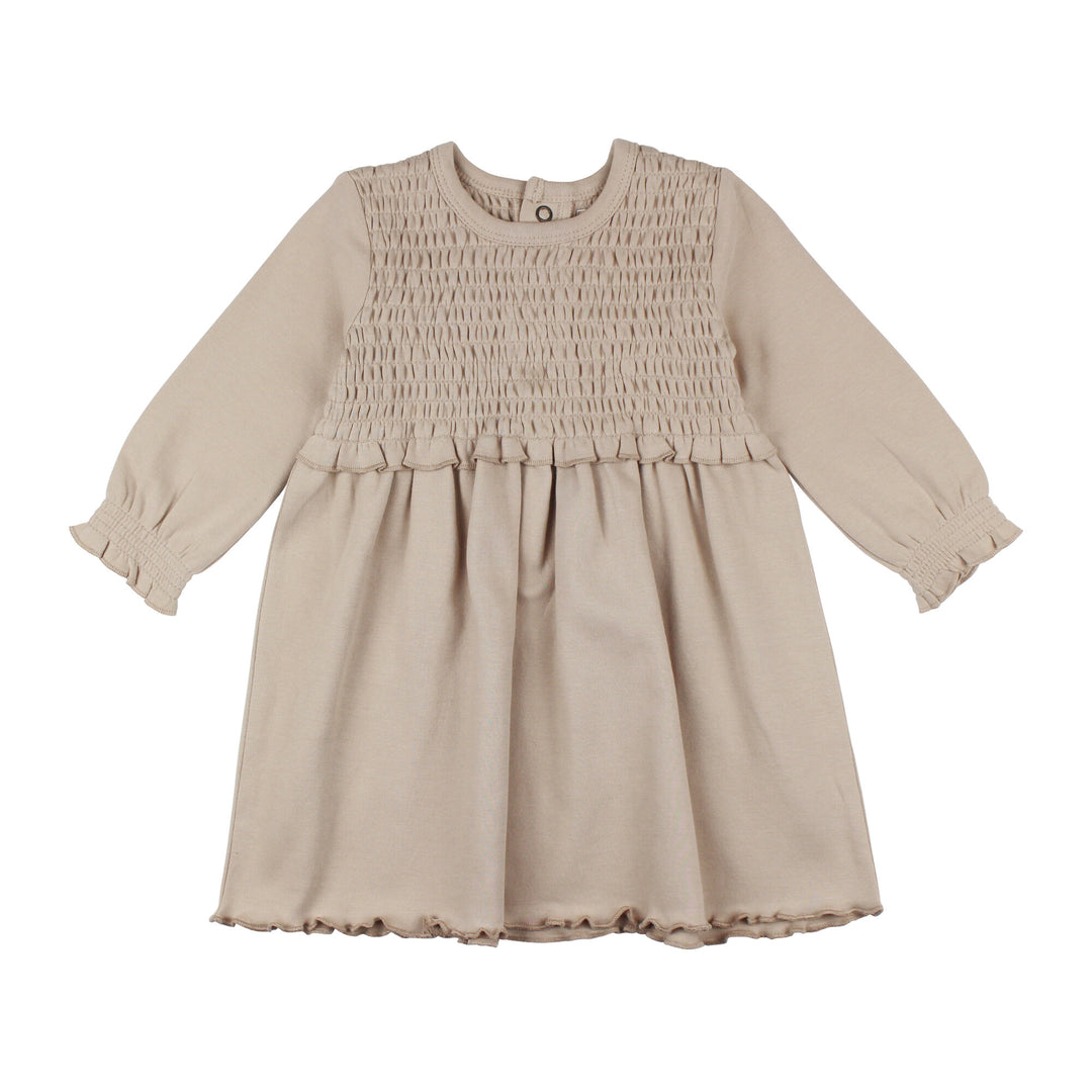 Kid's Organic Smocked Dress in Oatmeal, a light tan color.