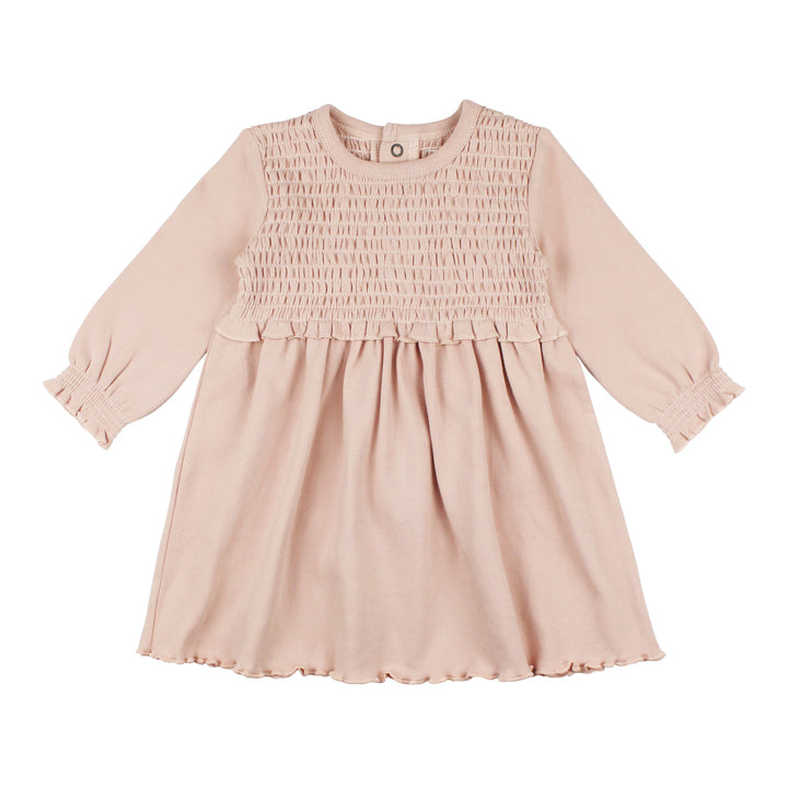 flat image of front side of smocked dress in rosewater color (muted pink, light tone)