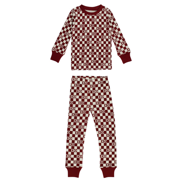 Kids' Organic L/Sleeve PJ Set in Crimson XO Checker.