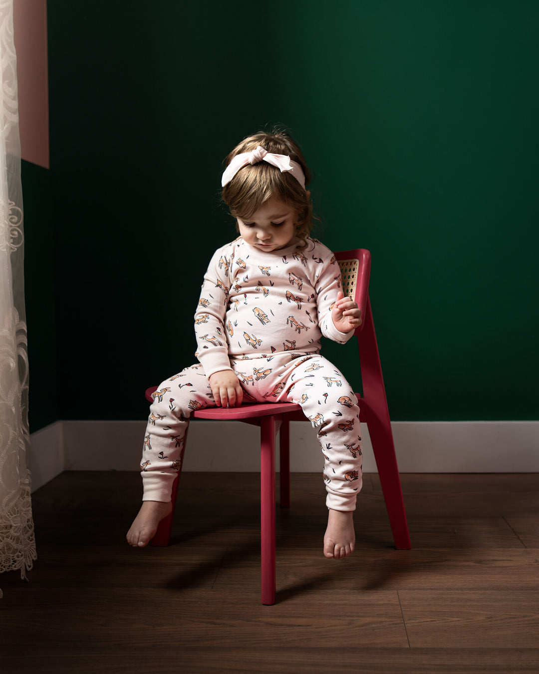 Child wearing Kids' Organic L/Sleeve PJ Set in Doe-a-Deer.