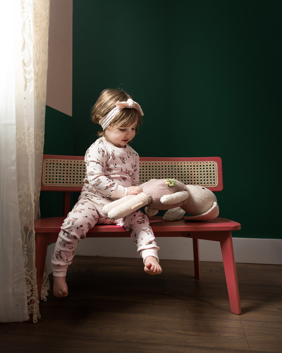 Child wearing Kids' Organic L/Sleeve PJ Set in Doe-a-Deer.