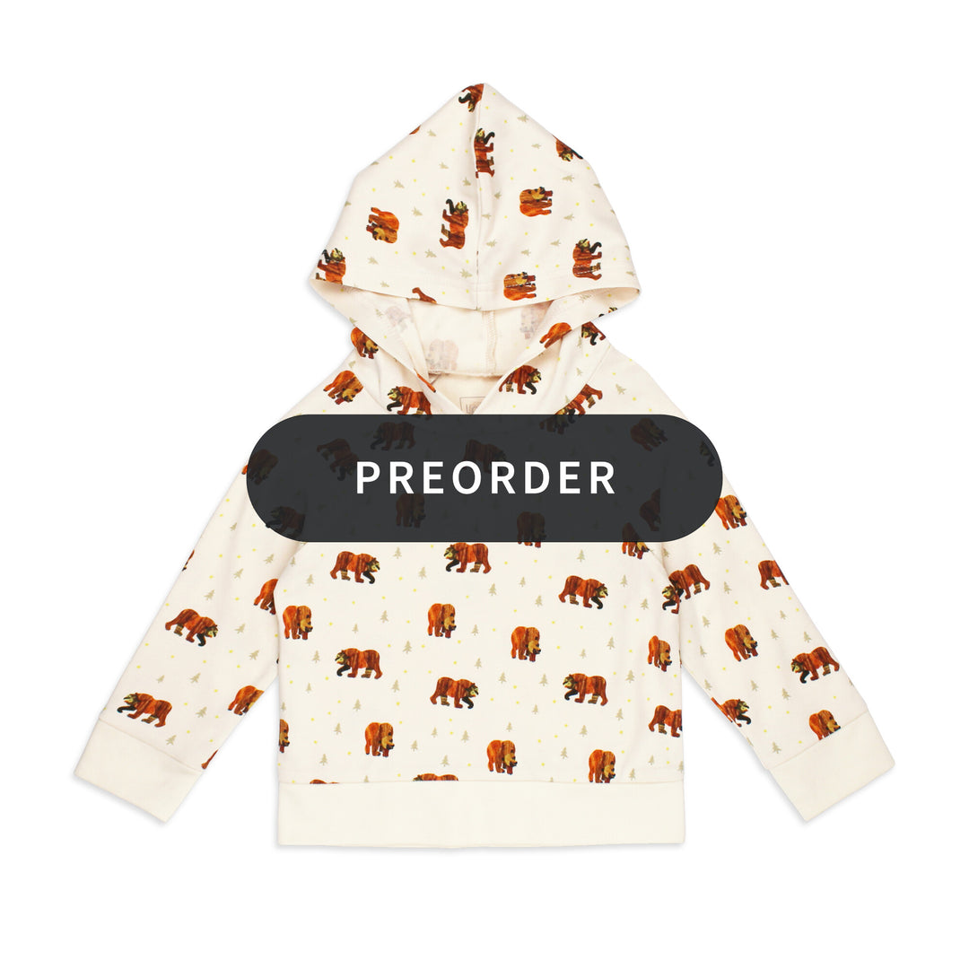 PREORDER: Kids' Organic Printed Raglan Hoodie in Brown Bear.