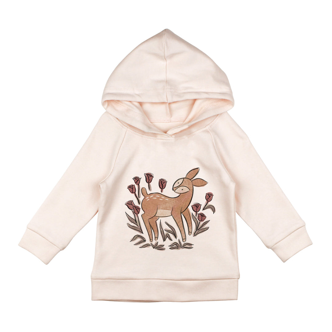 Kids' Organic Printed Raglan Hoodie in Doe-a-Deer Graphic.