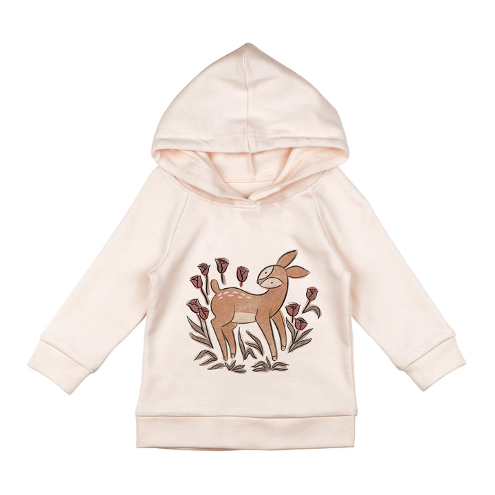 Kids' Organic Printed Raglan Hoodie in Doe-a-Deer Graphic.