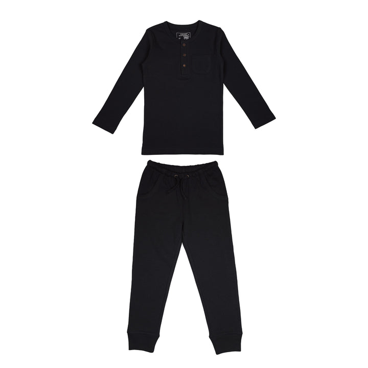 Kids' Organic  Thermal Henley & Jogger Set in Black.