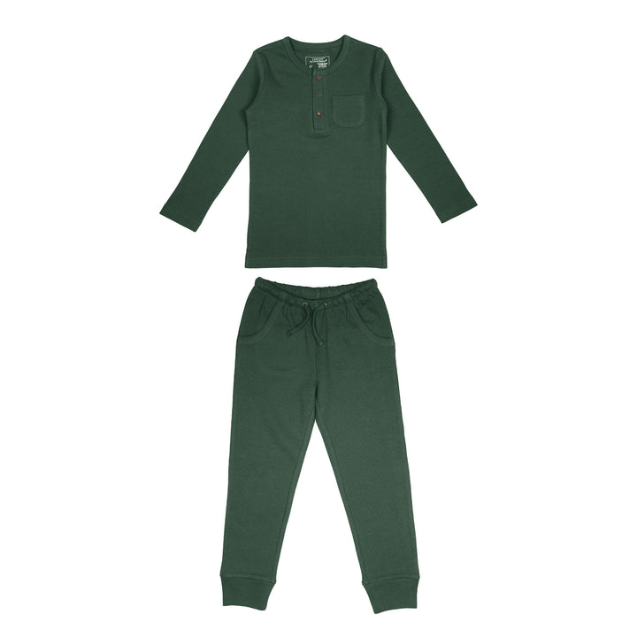 Kids' Organic  Thermal Henley & Jogger Set in Evergreen.