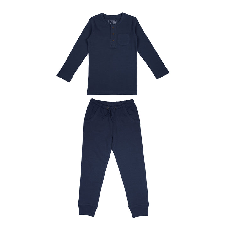 Kids' Organic  Thermal Henley & Jogger Set in Midnight.