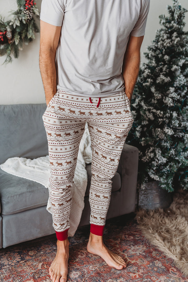 Child wearing Men's Organic Holiday Jogger & Cap Set in Fair Isle Rudolph.