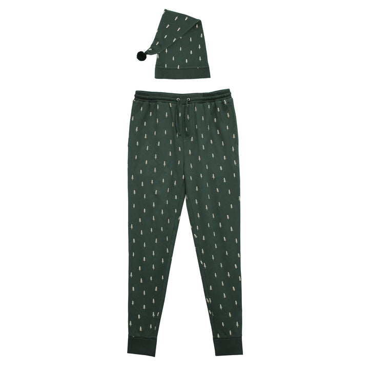 Men's Organic Holiday Jogger & Cap Set in Pine Trees.