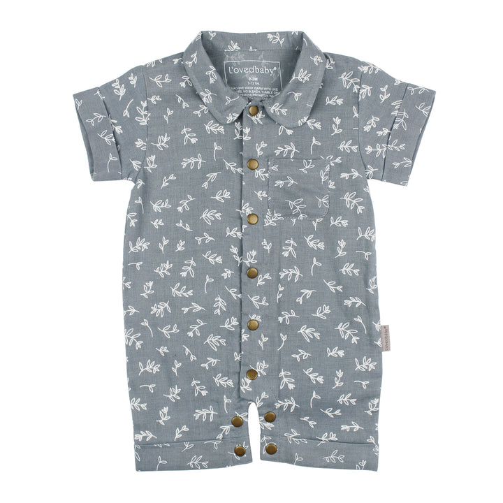 flat image of muslin short sleeve coverall in twilight (dusty blue color) with white leaves print