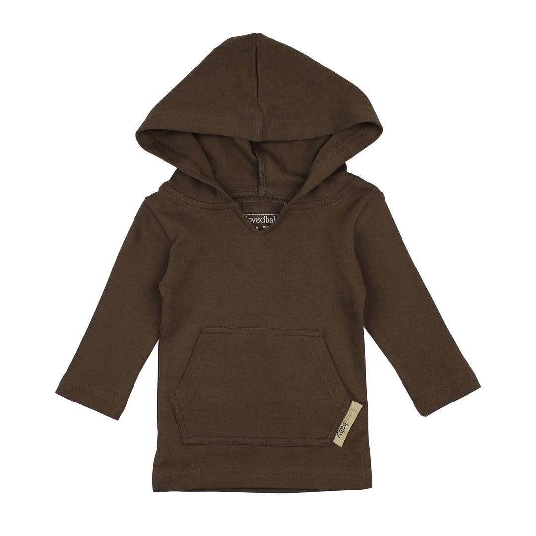 A flat image of an organic hoodie in bark, a dark brown color