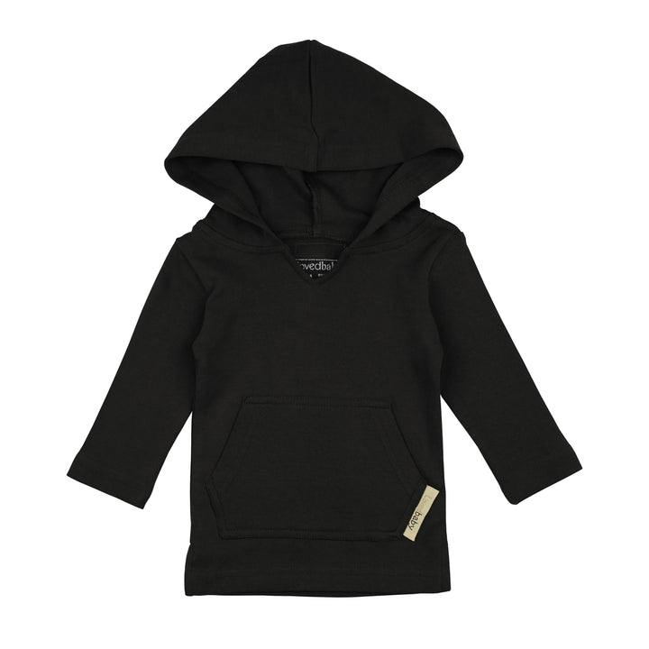 A flat image of an organic hoodie in black