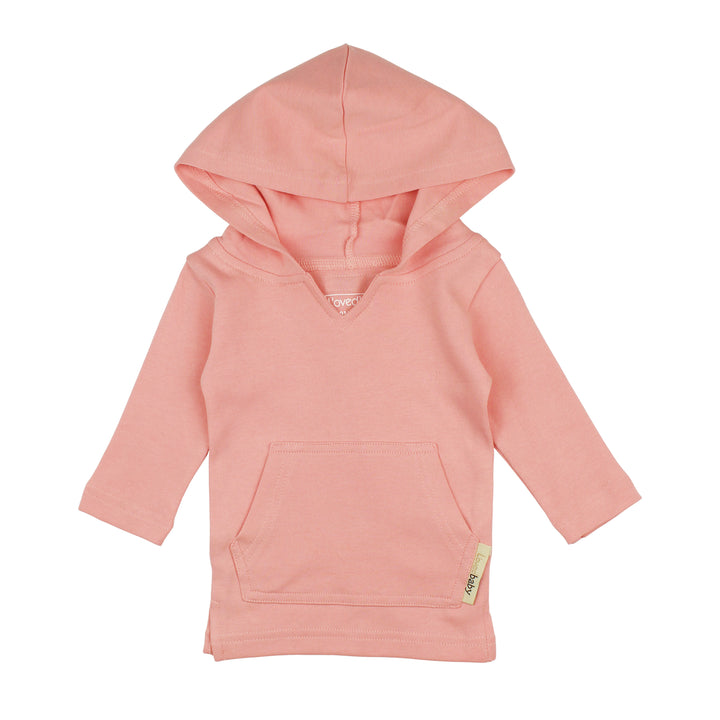 A flat image of an organic hoodie in coral, a saturated brighter pink with slightly yellow undertones