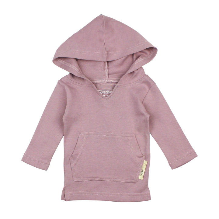 A flat image of an organic hoodie in lavender, a light purple color