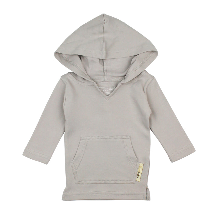 A flat image of an organic hoodie in light gray, a light gray color