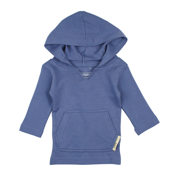 A flat image of an organic hoodie in slate, a warm medium blue color.