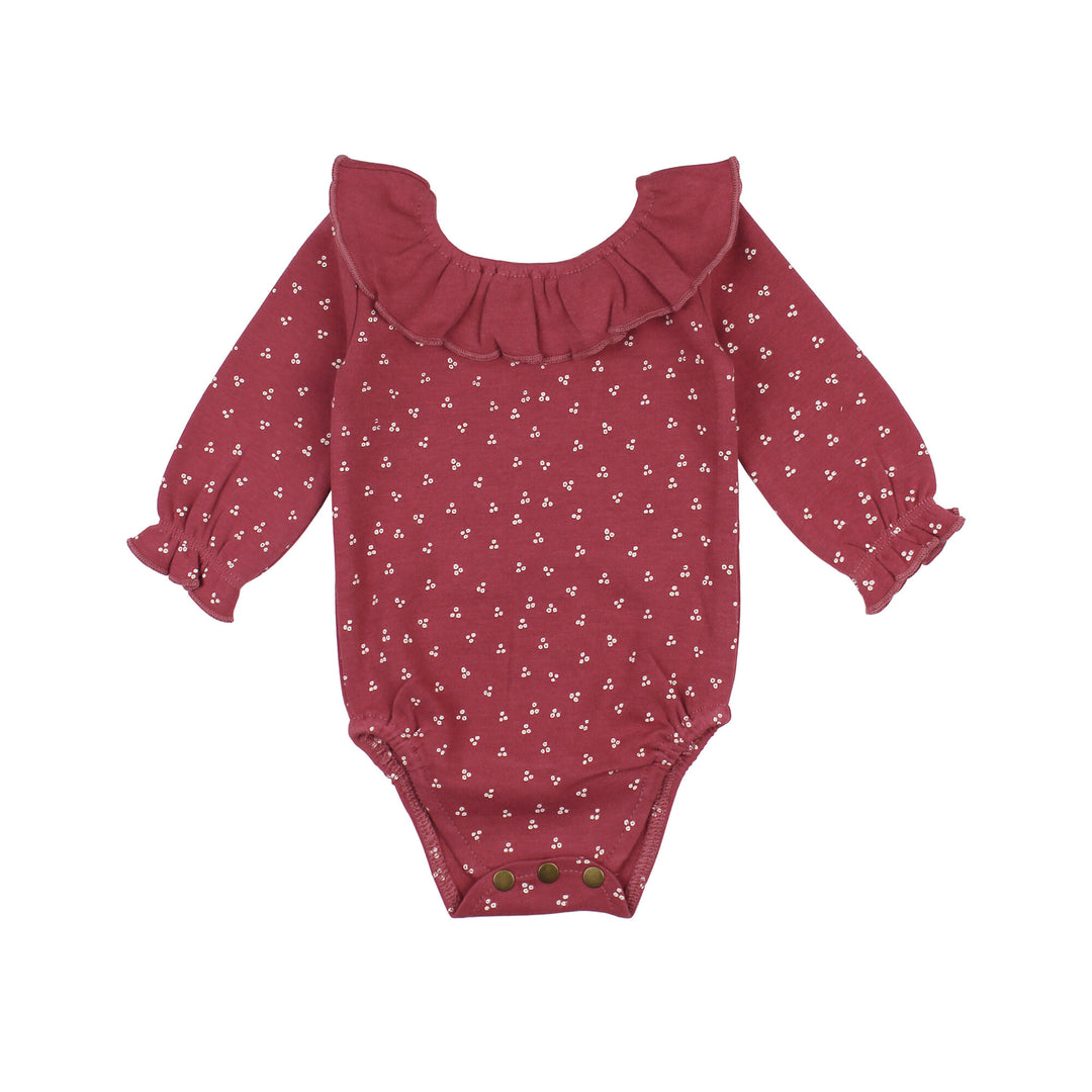 Organic Ruffle Neck Bodysuit in Appleberry Dots.